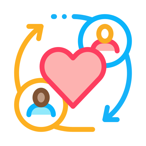 Graphic of two people on opposite sides of a heart, encircled by arrows, representing communication.