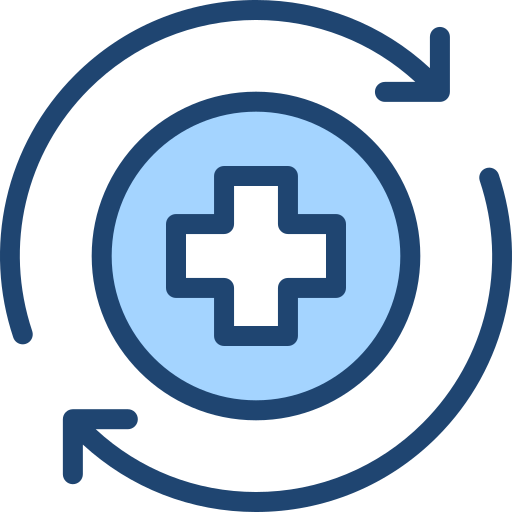 Graphic of a blue and white first aid image wrapped by two encircling arrows.